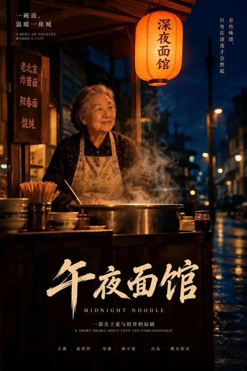 《外婆的深夜食堂》封面：外婆在夜宵摊前盛面，头顶一盏橘色灯