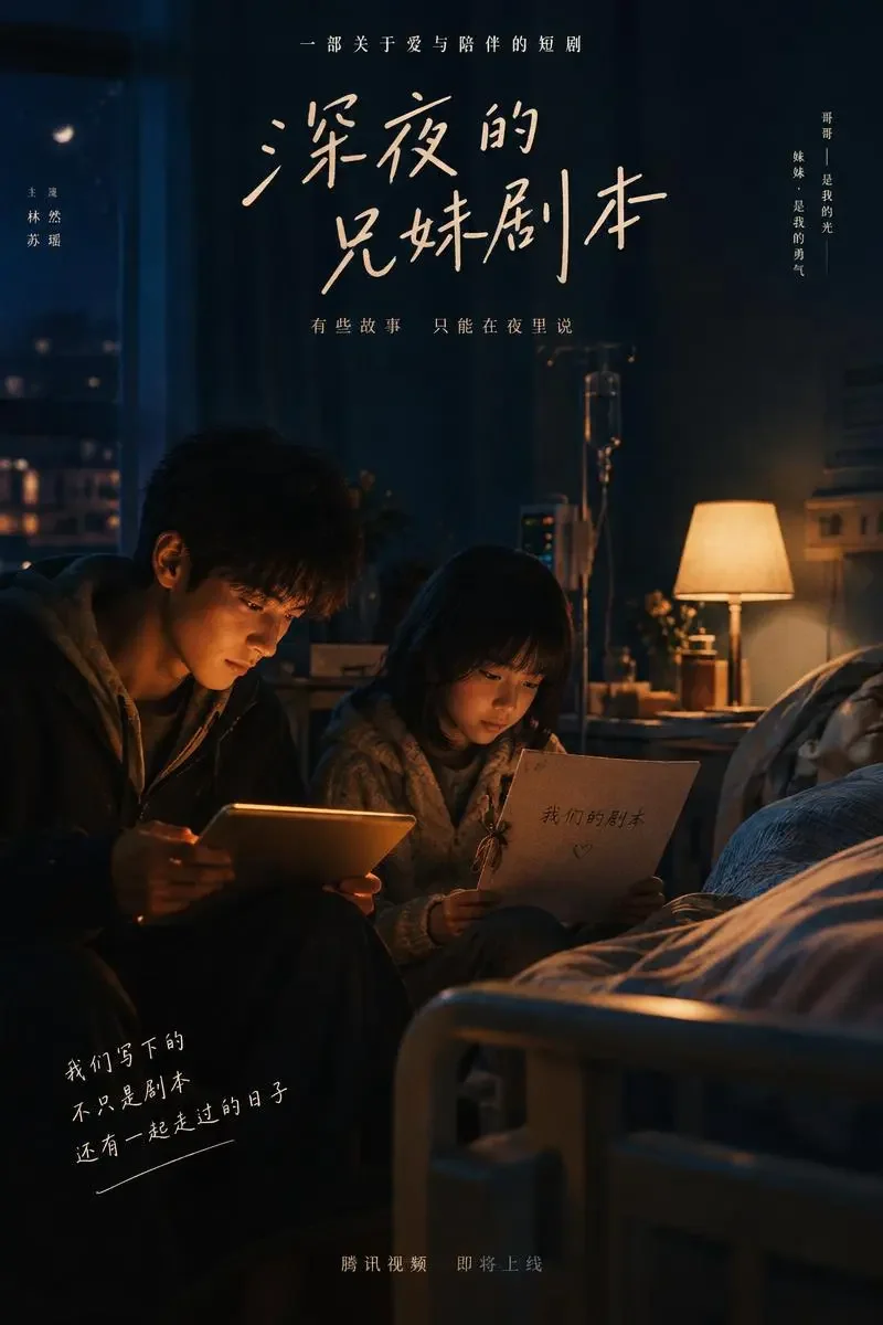 《缺席的第五集》封面：深夜病房里姐弟俩围着平板与剧本，床头暖灯亮着