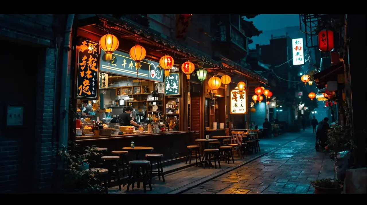 《外婆的深夜食堂》剧照：小巷夜宵摊的橘色灯与热汤面